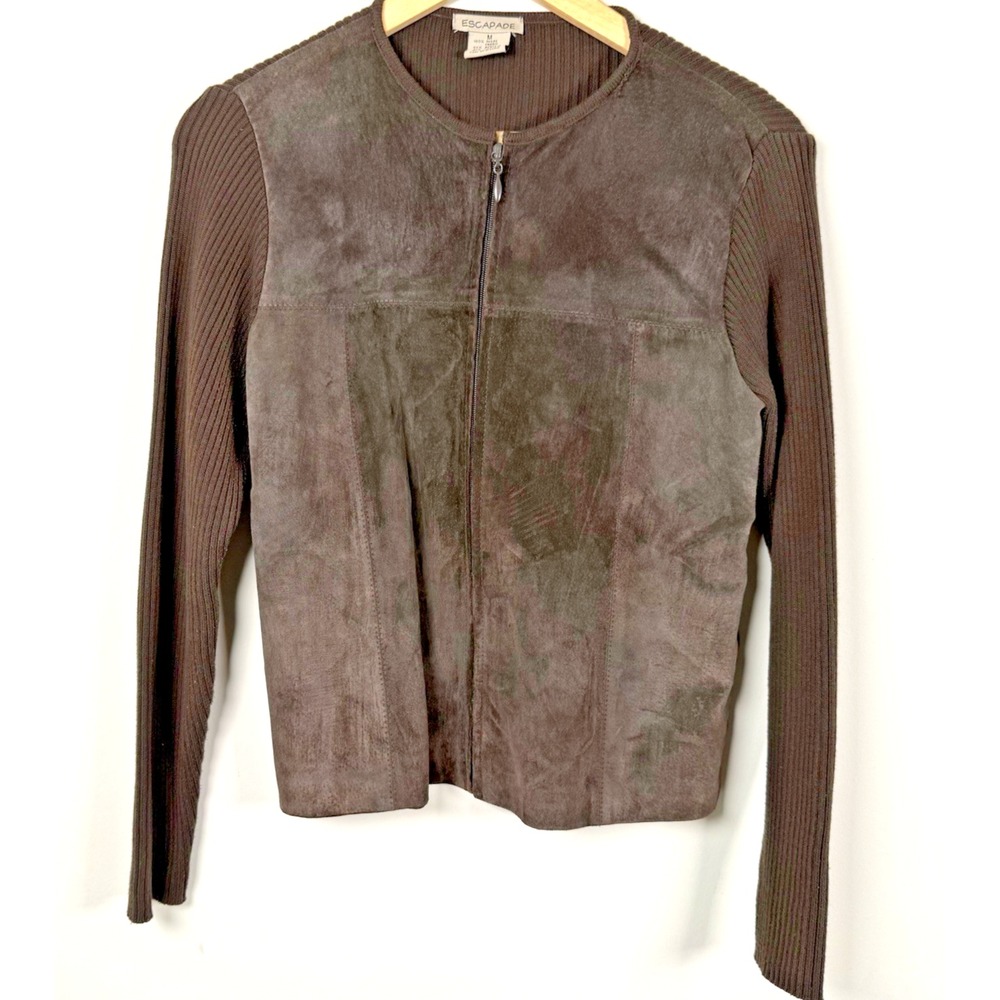 Escapade Med Brown Suede Front Ribbed Knit Zip Cardigan Y2K Boho Western 90s